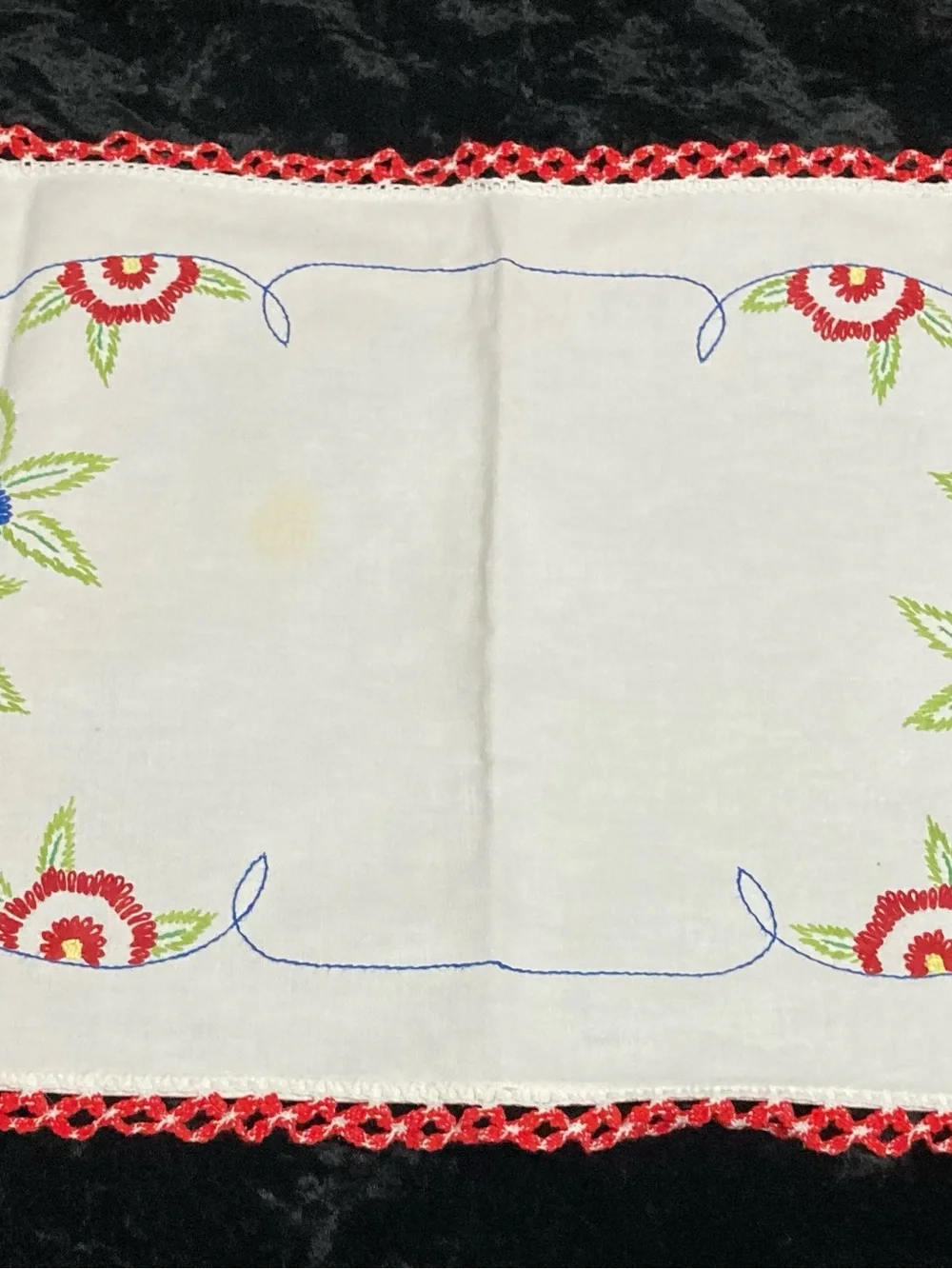 Vintage Embroidered Floral Table Runner - White with Red & Green Accents